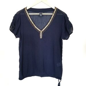 Lucky Brand Navy Beaded Cotton Top Small